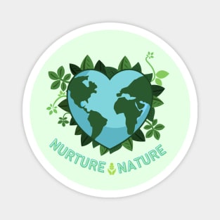 Nurture Nature, Love Earth Save the Earth Go Green. Earth Day April 22 | Heart Shaped World Globe with Leaves Earth Day Awareness Magnet